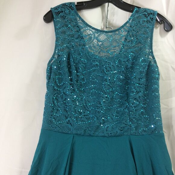 Berylove Hi Lo Lace Top Chiffon Dress Teal Green NO BELT Size M Deep V Back - Picture 5 of 8